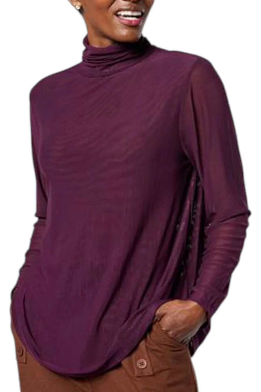 WynneLayers Women's Mesh Knit Turtleneck Top Deep Plum - Regular